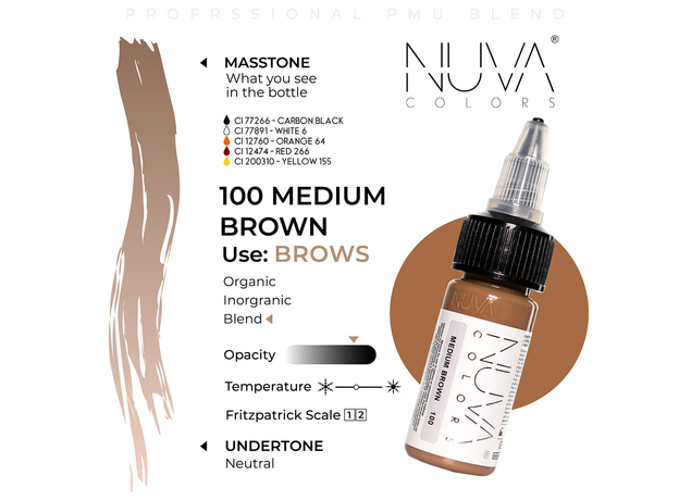 Kwadron Nuva Colors MEDIUM BROWN Pigment Sprancene Micropigmentare 15ml, image , 3 image